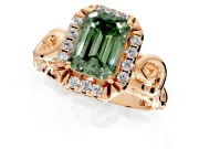 Halo Engagement Ring Setting for Fancy Green Emerald Cut Center with Open Scroll Shoulders and Prong Head in Rose Gold