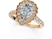 Milgrain Floral Halo Engagement Ring Setting for Pear-Shaped Center with Pave Band and Prong Head in Rose Gold