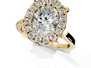 Single Halo Engagement Ring Setting for Oval Center with Corner Claws, Plain Band and Prong Head in Yellow Gold