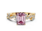 Solitaire Engagement Ring Setting for Fancy Pink Emerald Cut Center with Bar-Station Pave Twist and Prong Head in Yellow Gold