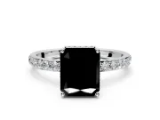 Hidden Halo Engagement Ring Setting for Fancy Black Radiant Cut Center with Pave Band and Prong Head in White Gold