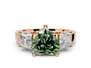 3 Stone Engagement Ring Setting for Fancy Green Heart-Shaped Center with Matching Side Accents and Prong Head in Rose Gold