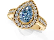 Milgrain Halo Engagement Ring Setting for Fancy Blue Pear-Shaped Center with Pave Band and Prong Head in Yellow Gold
