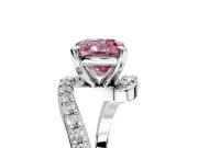 Solitaire Engagement Ring Setting for Fancy Pink Cushion Cut Center with Pave Bypass Swirl Band and Prong Head in White Gold