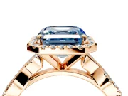 Halo Engagement Ring Setting for Fancy Blue Asscher Cut Center with Pave and Plain Twist Band and Prong Head in Rose Gold