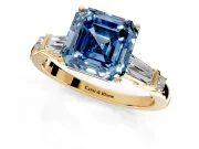 Bar-Set Engagement Ring Setting for Fancy Blue Asscher Cut Center with Tapered Baguette Accents and Prong Head in Yellow Gold