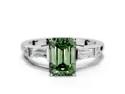 Bar-Set Engagement Ring Setting for Fancy Green Emerald Cut Center with Tapered Baguette Accents and Prong Head in White Gold