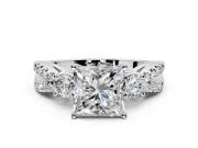 3 Stone Engagement Ring Setting for Princess Cut Center with Pave Split Shank and Prong Head in Platinum