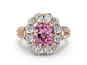 Large Accent Halo Engagement Ring Setting for Fancy Pink Radiant Cut Center with Pave Split Shank and Prong Head in Rose Gold
