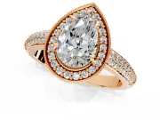 Milgrain Halo Engagement Ring Setting for Pear-Shaped Center with Three-Sided Pave Band and Prong Head in Rose Gold