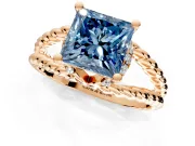 Halo Engagement Ring Setting for Fancy Blue Princess Cut Center with Rope Twist Split Shank and Prong Head in Rose Gold