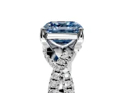 Solitaire Engagement Ring Setting for Fancy Blue Asscher Cut Center with Narrow Twist Pave Band and Prong Head in Platinum