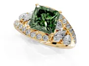 Halo Engagement Ring Setting for Fancy Green Princess Cut Center with Marquise and Pave Bypass Band and Prong Head in Yellow Gold