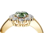 Halo Engagement Ring Setting for Fancy Green Oval Center with Milgrain Channel Band and Prong Head in Yellow Gold