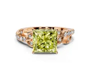 Leaf Motif Engagement Ring Setting for Fancy Yellow Princess Cut Center with Pave Band and Prong Head in Rose Gold