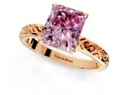 Solitaire Engagement Ring Setting for Fancy Pink Radiant Cut Center with Scrollwork Band and Prong Head in Rose Gold