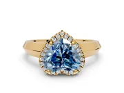 Halo Engagement Ring Setting for Fancy Blue Heart-Shaped Center with Knife Ridge Cathedral Band and Prong Head in Yellow Gold