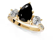 3 Stone Engagement Ring Setting for Fancy Black Pear-Shaped Center with Crossover Basket, Pave Band and Prong Head in Yellow Gold