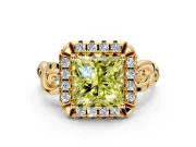 Halo Engagement Ring Setting for Fancy Yellow Princess Cut Center with Open Scroll Shoulders and Prong Head in Yellow Gold