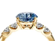5 Stone Engagement Ring Setting for Fancy Blue Round Cut Center with Plain Band and Prong Head in Yellow Gold
