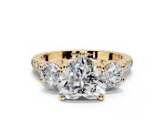 3 Stone Engagement Ring Setting for Heart-Shaped Center with Crossover Basket, Pave Band and Prong Head in Yellow Gold