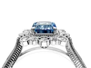 Milgrain Halo Engagement Ring Setting for Fancy Blue Emerald Cut Center with Bezel Point Accents and Prong Head in Platinum