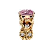 Leaf Engagement Ring Setting for Fancy Pink Cushion Cut Center with Milgrain Accent Band and Prong Head in Yellow Gold