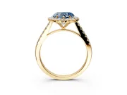 Halo Engagement Ring Setting for Fancy Blue Heart-Shaped Center with Narrowing Pave Band and Prong Head in Yellow Gold