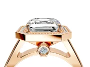 Halo Engagement Ring Setting for Asscher Cut Center with Outer Bezel Rim, Pave Band and Prong Head in Rose Gold