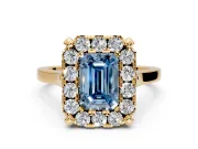 Single Halo Engagement Ring Setting for Fancy Blue Emerald Cut Center with Corner Claws, Plain Band and Prong Head in Yellow Gold