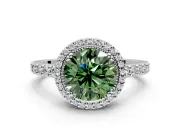 Halo Engagement Ring Setting for Fancy Green Round Cut Center with Inner Milgrain Border and Prong Head in White Gold