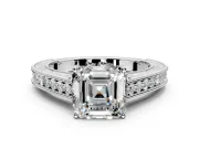 Solitaire Engagement Ring Setting for Asscher Cut Center with Engraved Pave Band and Prong Head in Platinum