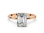 Hidden Halo Engagement Ring Setting for Emerald Cut Center with Thin Round-Wire Band and Prong Head in Rose Gold