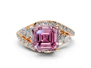 Halo Engagement Ring Setting for Fancy Pink Asscher Cut Center with Marquise and Pave Bypass Band and Prong Head in Rose Gold