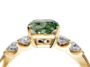 5 Stone Engagement Ring Setting for Fancy Green Cushion Cut Center with Plain Band and Prong Head in Yellow Gold