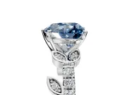 Leaf Motif Engagement Ring Setting for Fancy Blue Heart-Shaped Center with Pave Band and Prong Head in Sterling Silver