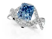 Halo Engagement Ring Setting for Fancy Blue Radiant Cut Center with Pave Infinity Twist Band and Prong Head in Platinum