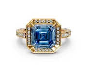 Halo Engagement Ring Setting for Fancy Blue Asscher Cut Center with Framed Halo, Pave Band and Prong Head in Yellow Gold