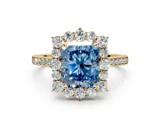 Halo Engagement Ring Setting for Fancy Blue Radiant Cut Center with Single-Row Pave, Open Basket and Prong Head in Yellow Gold