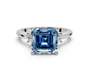 3 Stone Engagement Ring Setting for Fancy Blue Asscher Cut Center with Wide Plain Band and Prong Head in Platinum