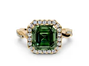 Halo Engagement Ring Setting for Fancy Green Asscher Cut Center with Twist Band and Prong Head in Yellow Gold