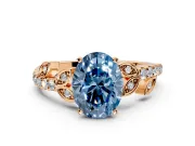 Leaf Motif Engagement Ring Setting for Fancy Blue Oval Center with Pave Band and Prong Head in Rose Gold