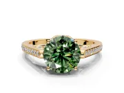 Cathedral Engagement Ring Setting for Fancy Green Round Cut Center with Antique-Style Pave Band and Prong Head in Yellow Gold