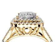 Double Halo Engagement Ring Setting for Princess Cut Center with Narrow Pave Split Shank and Prong Head in Yellow Gold