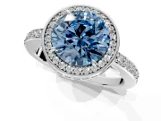 Halo Engagement Ring Setting for Fancy Blue Round Cut Center with Metal-Rimmed Halo, Pave Band and Prong Head in Sterling Silver