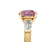 3 Stone Engagement Ring Setting for Fancy Pink Cushion Cut Center with Channel Baguette Accents and Prong Head in Yellow Gold