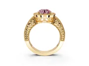 Milgrain Halo Engagement Ring Setting for Fancy Pink Round Cut Center with Pave Band and Prong Head in Yellow Gold