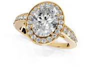 Bezel-Framed Halo Engagement Ring Setting for Oval Center with Pave Band and Prong Head in Yellow Gold