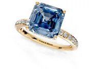 Solitaire Engagement Ring Setting for Fancy Blue Asscher Cut Center with Fine Pave Band and Prong Head in Yellow Gold