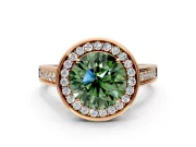 Halo Engagement Ring Setting for Fancy Green Round Cut Center with Outer Bezel Rim, Pave Band and Prong Head in Rose Gold